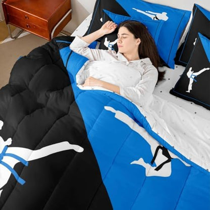 Castle Fairy Teens Adult Taekwondo Comforter Set King Size 7 Pcs Black Blue Bedding Set with Comforter,Sheet Set,Pillowcase and Sham Japanese Style Bed Set Kungfu Bedding for Room Decorative