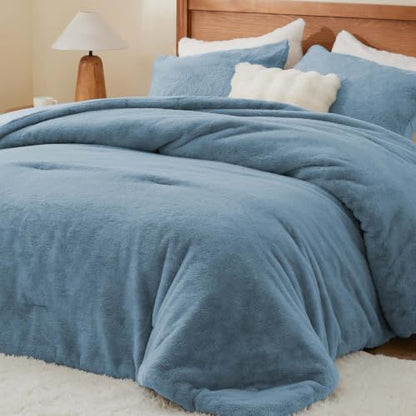 BEDELITE Faux Fur Twin Comforter Set Blue Fog,Warm Comforter for Winter