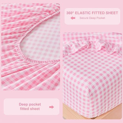 Gingham Twin Sheet Set, Lightweight Super Soft Brushed Microfiber Plaid Bed Sheets with 16" Deep Pocket, 3 Piece Ruffle Farmhouse Bedroom Decor, Pink