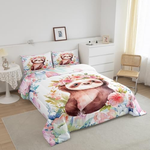 Feelyou Cute Sloth Comforter Set King Size Kids Cartoon Animal Comforter for Boys Girls Teens Flower Floral Print Bedding Set Farm Zoo Garden Theme Duvet Set Room Decor Quilt Set