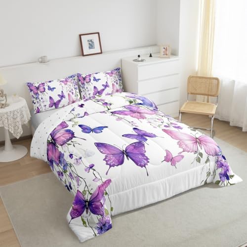 jejeloiu Purple Butterfly Comforter Set Queen Size Kids Floral Flower Bedding Set for Boys Girls Teens Lavender Duvet Breathable Spring Quilt Bedroom Decor,1 Comforter with 2 Pillowcase