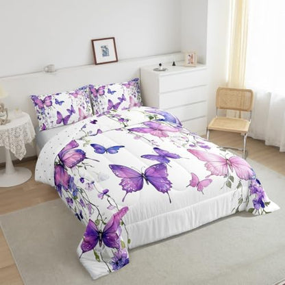 jejeloiu Purple Butterfly Comforter Set King Size Kids Floral Flower Bedding Set for Boys Girls Teens Lavender Duvet Breathable Spring Quilt Bedroom Decor,1 Comforter with 2 Pillowcase