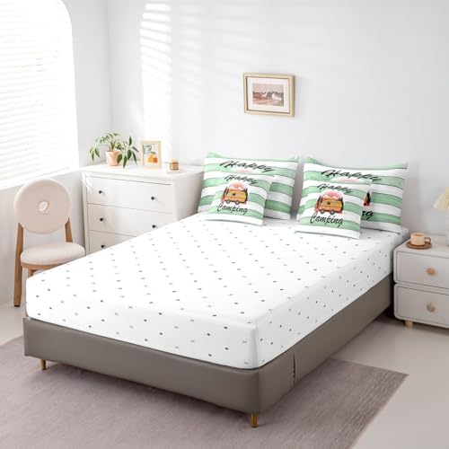 Erosebridal Happy Camping Comforter Set Twin Size,Cartoon RV Bedding Set for Kids Teens,Green Wooden Plank (Comforter+Fitted+Flat Sheet+2 Pillowcases+2 Throw Pillow Covers) 7 Pieces Bed Set