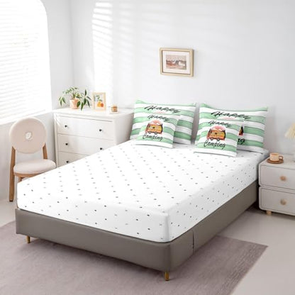Erosebridal Happy Camping Comforter Set Twin Size,Cartoon RV Bedding Set for Kids Teens,Green Wooden Plank (Comforter+Fitted+Flat Sheet+2 Pillowcases+2 Throw Pillow Covers) 7 Pieces Bed Set