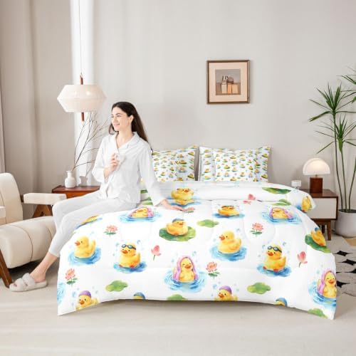 Erosebridal Cute Yellow Duck Full Bedding Set 7 Piece Kawaii Rubber Ducks Bed in A Bag with Sheets Cartoon Animal Print Comforter Set for Kids Adults,Funny Duck Lotus Bed Sets