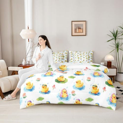 Erosebridal Cute Yellow Duck Full Bedding Set 7 Piece Kawaii Rubber Ducks Bed in A Bag with Sheets Cartoon Animal Print Comforter Set for Kids Adults,Funny Duck Lotus Bed Sets