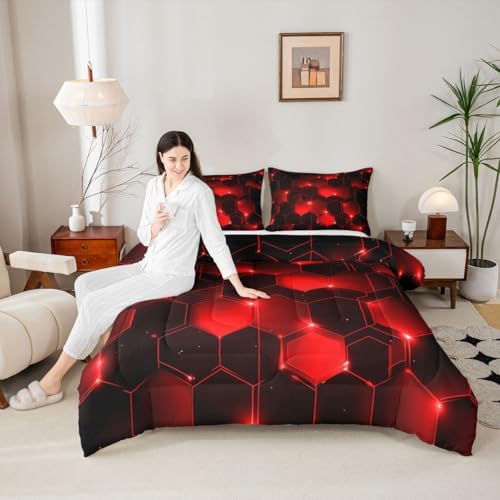 Feelyou Honeycomb Bedding Set King Size, Beehive Geometric Black Red Comforter Set Geometrical Comforter for Kids Boys Girls Teens Geometric Honeycomb Duvet Set Durable Quilt Set King Size