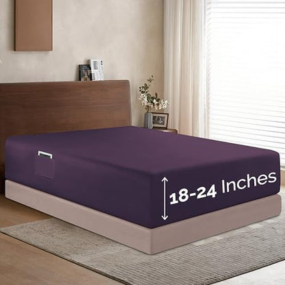 Elegant Comfort 1500 Premium Hotel Quality 18-24 Inches Deep - Extra Deep Pocket Single Fitted Sheet for High Mattress, Luxury and Softest, Smart Pocket - Wrinkle Free, Queen, Purple