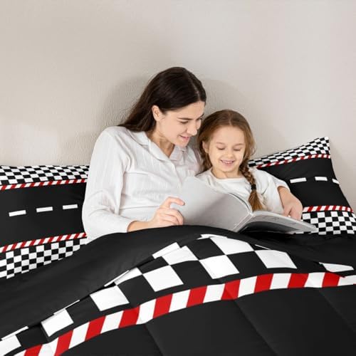 Feelyou Boys Race Car Comforter Set All Season Black White Plaid Bedding Set with 2 Pillow Cases Buffalo Check Microfiber Kids Full Bedclothes Bedroom Decor Duvet Quilt Breathable Soft Lightweight