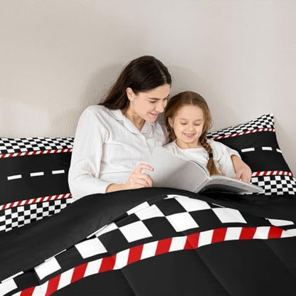 Feelyou Boys Race Car Comforter Set All Season Black White Plaid Bedding Set with 2 Pillow Cases Buffalo Check Microfiber Kids Full Bedclothes Bedroom Decor Duvet Quilt Breathable Soft Lightweight