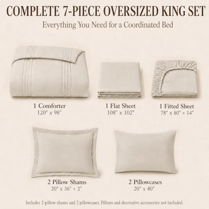 CozyLux Oversized King Comforter Set Beige- 7 Pieces Bed in a Bag