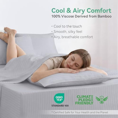Cooling Sheets Set Twin Size, Viscose Derived from Bamboo for Hot Sleepers, Double Stitching, Deep Pocket to 15 Inch, Silky Soft and Breathable Bedding, 3PC (Twin, Jacquard Light Grey)