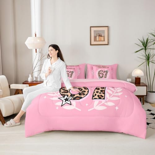 Erosebridal Six Seven Queen Bedding Sets for Girls Leopard Print 67 Comforter Set 7 Piece for Kids Birthday Gifts,Cartoon 67 Number Print Bed in A Bag Pink Kawaii Princess Sheet Set with Comforter