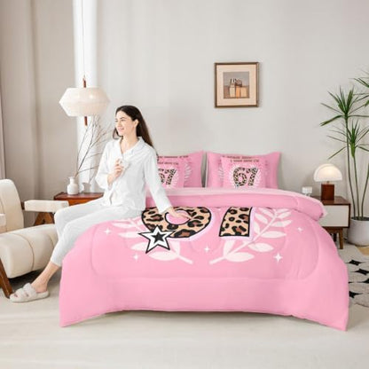 Erosebridal Six Seven Queen Bedding Sets for Girls Leopard Print 67 Comforter Set 7 Piece for Kids Birthday Gifts,Cartoon 67 Number Print Bed in A Bag Pink Kawaii Princess Sheet Set with Comforter