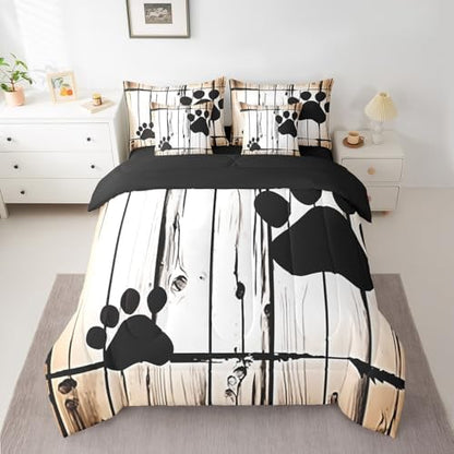 Erosebridal Bear Paw Print Bed in A Bag with Sheets King Vintage Wooden Boards 7 Piece Comforter Set Woodland Wildlife Bedding Set for Kids Boys Girls,Rustic Farmhouse Bedding Comforter Sets
