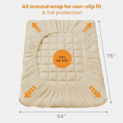 MATBEBY Full Size Mattress Pad - Cooling Breathable Mattress Topper, Quilted Fitted Mattress Protector, Pillow Top Mattress Cover with 8-21" Deep Pocket, Soft, Machine Washable, Beige, 54x75 Inches