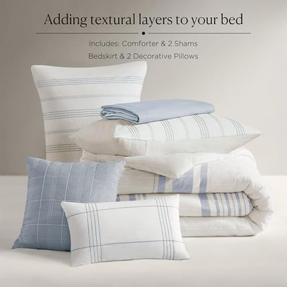 Harbor House Full Comforter Set, Stripes Clipped Jacquard, Soft Cotton Oversized Comforter for a Full-Size Bed, Farmhouse Bedding, 2 Shams, Bedskirt, 2 Décor Pillows, Morgan, Full White/Blue