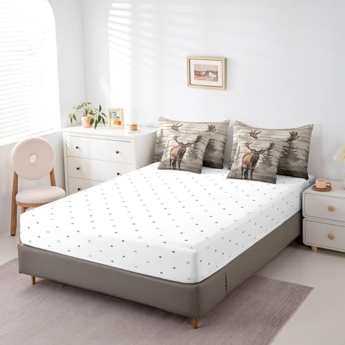 Erosebridal 7 Pcs Moose Bedding Set Queen Western Cabin Lodge Comforter Set Country Woodland Wildlife Bed in a Bag Farmhouse Jungle Pine Tree Quilt with Flat Fitted Sheet Rustic Style Home Decor