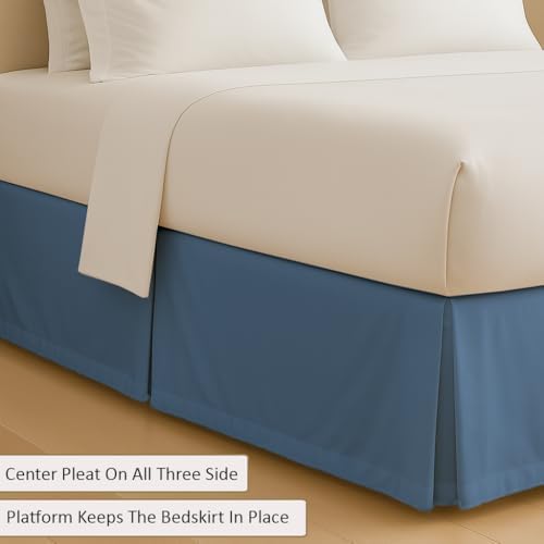 eBeddy Linens Split Corner Bed Skirt Queen 16 Inch Drop – 100% Microfiber, – Platform Style, Lake Blue Solid, 3-Sided Pleated, Tailored Fit, Hidden Storage, Hotel Luxury, Washable