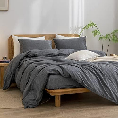 BESTOUCH Cotton Solid Duvet Cover Set Linen Feel Dark Black California King