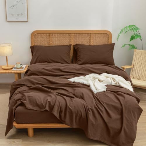 BESTOUCH Sheet Set 100% Washed Cotton Linen Feel Super Soft Comfortable Chic Lightweight 4 Pcs Home Bedding Set Solid Cocoa Brown Queen