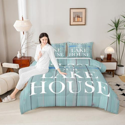 Lake House Comforter Set King Size, Rustic Cabin Farmhouse Style Bedding Set 3pcs, Retro Wooden Plank Lake Theme Down Comforter for All Season, Kids Boys Girls Room Decor, 2 Pillowcases, No Sheets
