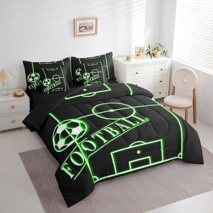 Soccer Bedding King Size 7-Piece for Kids Teens Black Green Comforter Set, Sports Gaming Bedding Comforter Sets Green Football Field Bed in a Bag, Ball Game Bedding Accessories Cozy (Black Reversible)