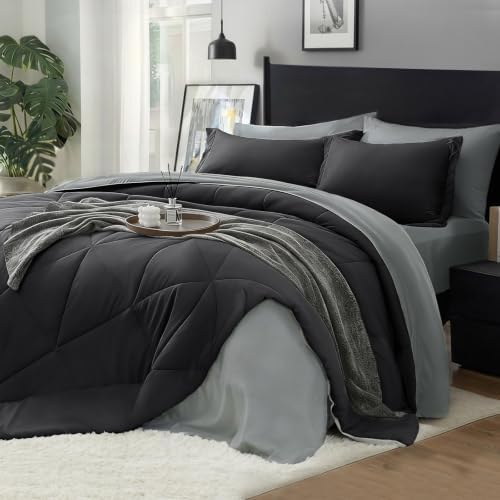 BEDELITE Queen Comforter Set 7 Pieces, Charcoal Black Bed in A Bag