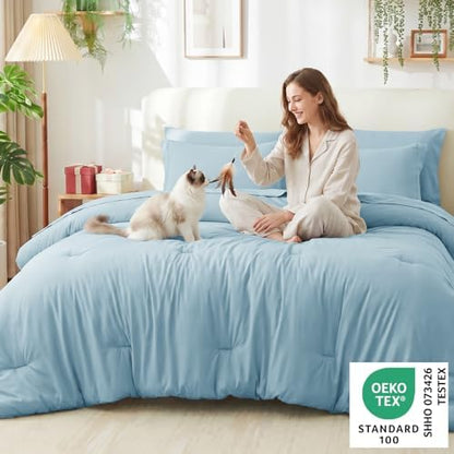 CozyLux Oversized King Comforter Set Light Blue, 7 Pieces 120"x98" Bed in a Bag Comforter Set with Sheets, All Season Soft Bedding Sets with Down Alternative Comforter, Sheets, Pillowcases & Shams