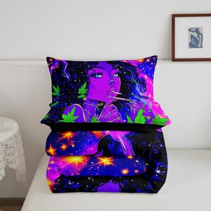 Smoke Cool Girls Comforter Set Queen Size for Teens Adult,Marijuana Leaf Bedding Sets 3Pcs Boys Woman Room Decor,African Girl Americans Down Comforter Trippy Hippie Style Quilted Duvet,2 Pillowcases