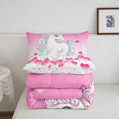 Girls Unicorn Comforter Set Queen Girly Fantasy Rainbow Unicorn Bedding Set for Kids Little Girls, Pink Love Heart Duvet Sets Dreamy Horse Cartoon Magical Animal Down Comforter with 2 Pillowcases