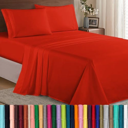 Elegant Comfort Luxury 1500 Premium Hotel Quality Microfiber 4-Piece Sheet Set - Wrinkle Resistant, All Around Elastic Fitted Sheet, Deep Pocket up to 16", Full, Red