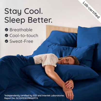 Bambaw Twin Sheets Set – 4-Piece 100% Viscose Derived from Bamboo Sheet Set, Cooling, Silky Soft & Breathable, Moisture Wicking, Deep Pocket Fits Up to 15" Mattresses (Navy Blue)