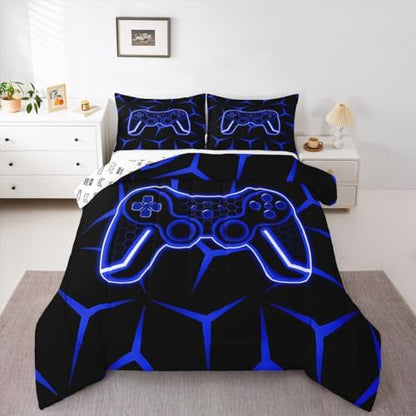 Feelyou Gamer Bedding Set Queen Size Gaming Duvet Quilt for Kids Teens Adults Game Controller Comforter Set Geometric Gamepad Blue Room Decor 3Pcs with 2 Pillow Case