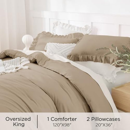 Andency Oversized King Comforter Set,3 Pieces Taupe Ruffle Bedding Set