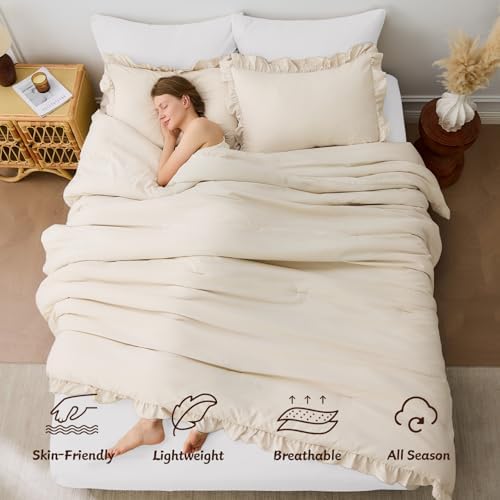 FUANNA Full Size Comforter Sets, Ruffle Bedding Set, 3 Piece Bed Set, Beige