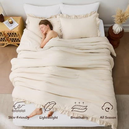 FUANNA King Size Comforter Set, Ruffle Bedding Set, 3 Pieces Bed Set, Beige