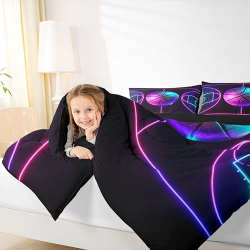 Basketball Quilted Duvet Queen,Sports Game Bedding Set 3pcs for Kids Teens Boys Room Decor,Neon Watercolor Geometric Lines Comforter Set Black Microfiber Duvet Insert with 2 Pillowcases
