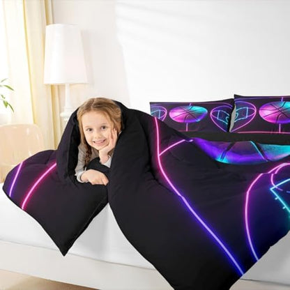 Basketball Quilted Duvet Queen,Sports Game Bedding Set 3pcs for Kids Teens Boys Room Decor,Neon Watercolor Geometric Lines Comforter Set Black Microfiber Duvet Insert with 2 Pillowcases