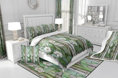 jejeloiu Stained Glass Comforter Set Twin Size Kids Meadow Floral Flower Bedding Set for Boys Girls Teens Spring Theme Duvet Breathable Butterfly Quilt Bedroom Decor,1 Comforter with 1 Pillowcase