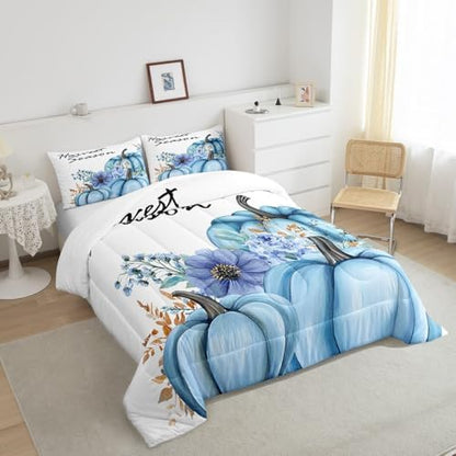 Fall Pumpkin Comforter Set Queen Size,Blue Flowers Plants Bedding Set 3pcs for Kids Girls Woman Adult Room Decor,Rustic Farmhouse Style Quilt Set Watercolor Hand Drawn Duvet Insert,2 Pillowcases