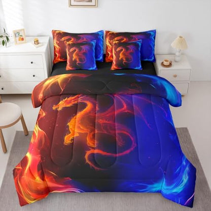 Erosebridal Dragon 7 Piece Bedding Set Full Nebula Comforter Set with Sheets Mysterious Outer Space Bed in A Bag Red Blue Ombre Bed Sets with 2 Pillowcases, 2 Throw Pillow Covers