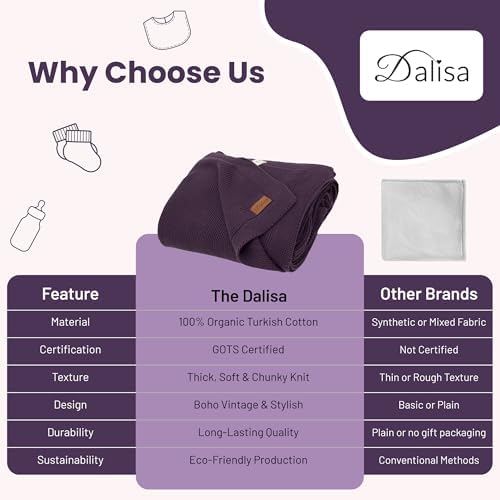 Dalisa 100% Organic Turkish Cotton Throw Blanket - GOTS Certified, Cozy - Perfect for Couch, Bed, and Home Decor - Boho Vintage Knit Alina (Sweet Grape, 60x80)