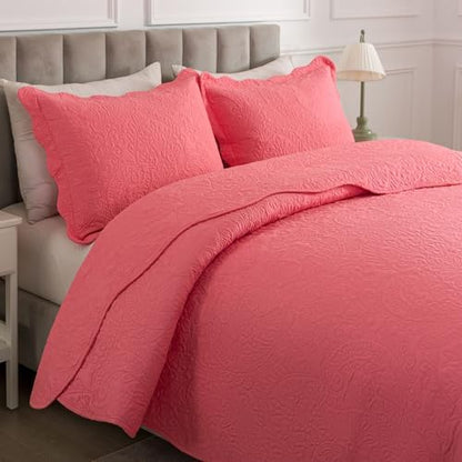 HoneiLife Queen Quilt Bedding Set - Microfiber Quilt Sets for Queen Bed, 3-Piece Lightweight Bedspreads,Reversible Coverlets Rustic Bedlinen Sets, Floral Bedding Set All Season Quilts-Sugar Coral