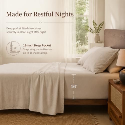 MEISHANG 100% French Linen Sheets Queen,4 Pcs,16" Deep Pocket