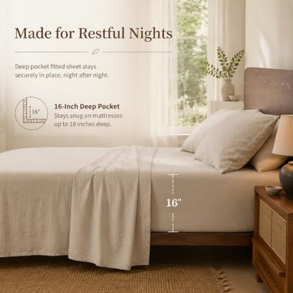 MEISHANG 100% French Linen Sheets California King,4 Pcs,16" Deep Pocket
