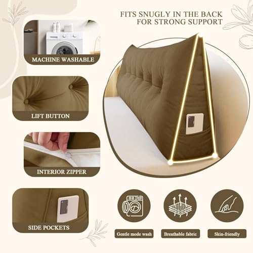 DANGHOOGY Headboard Pillow King, Large Triangular Wedge Headboard Pillow for Reading and Resting, Backrest Positioning Support Pillow with Removable Cover (Brown)