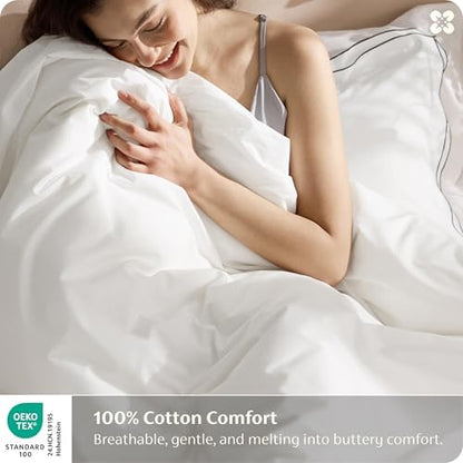 Bedsure PureWoven 100% Cotton Percale Duvet Cover King, Leaf Edge, White