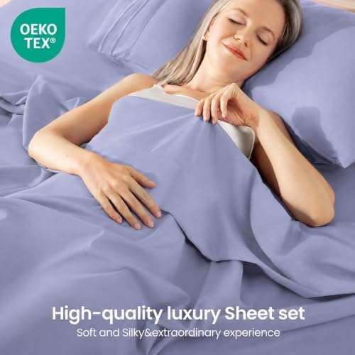 ROSE&RISY Sweet Lavender Queen Sheet Set, Pre-Washed Cotton-Like Brushed Microfiber, 4 Pcs Super Soft Breathable Cooling Bed Sets,Includes 1 Fitted, 1 Flat, 2 Pillowcases(Sweet Lavender, Queen)