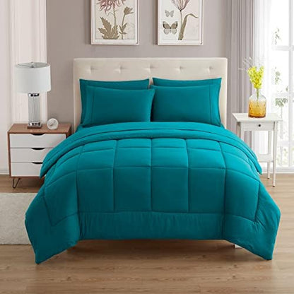 Sweet Home Collection 7 Piece Comforter Set Bag Solid Color All Season Soft Down Alternative Blanket & Luxurious Microfiber Bed Sheets, Teal, Queen